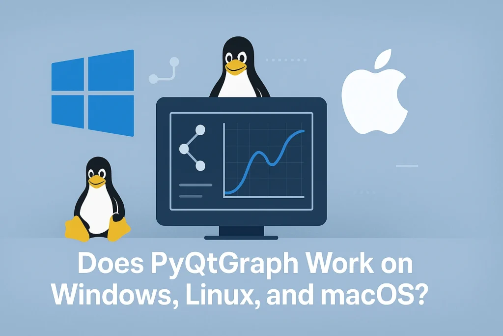 Create a clean, modern 16:9 graphic that visually represents the cross-platform compatibility of PyQtGraph. The image should include the logos or recognizable icons of Windows, Linux (use Tux), and macOS (Apple logo), with a central visual element representing PyQtGraph (use a stylized graph, plot, or node-based interface). Use a tech-inspired color scheme (blues, greys, and whites). Include the title text: “Does PyQtGraph Work on Windows, Linux, and macOS?” in a bold, readable font at the top or bottom of the image.